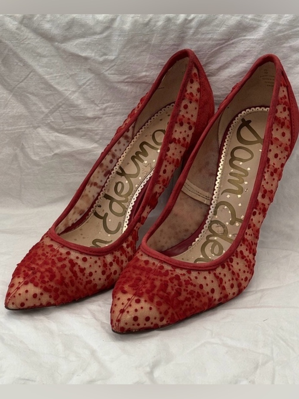 Sam Edelman red mesh/lace polka-dot Hazel pointed toe stiletto pumps - size 7